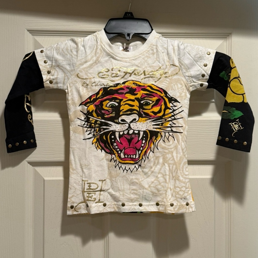 Ed Hardy Kids Tiger Graphic Long Sleeve Shirt - White and Black